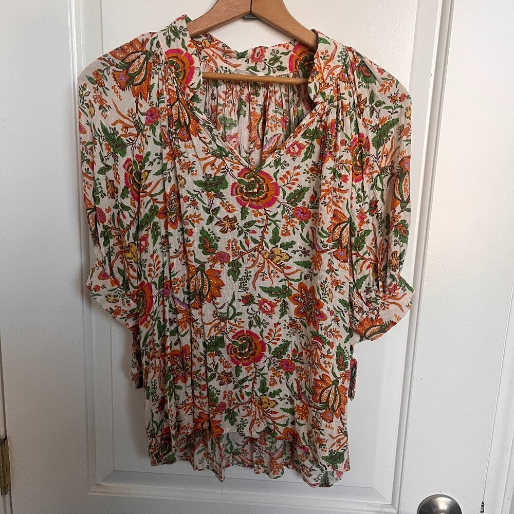 Nicole Miller Top Women's Floral Peasant Blouse 3/4 Sleeve Retro Boho V Neck M